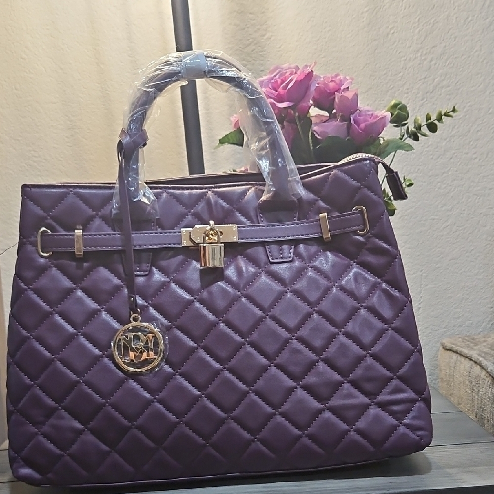 Badgley Mischka Purple and Gold Quilted Satchel